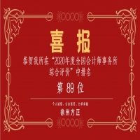 全國會計師事務(wù)所綜合評價排名公布，我公司位列89名！